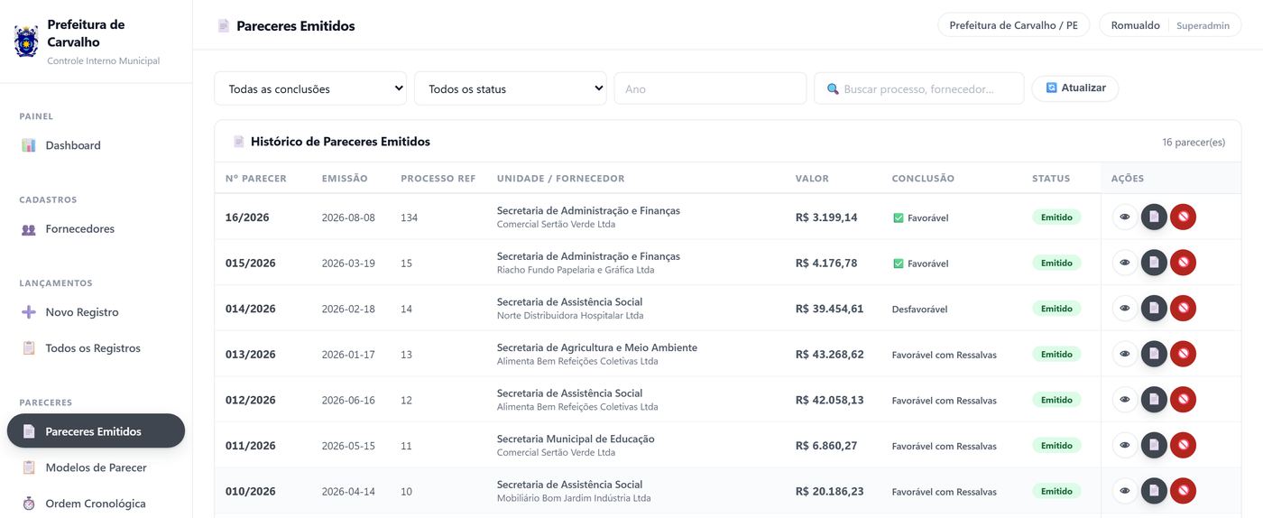 Tela de pareceres emitidos, com numeração sequencial e situação de cada peça.