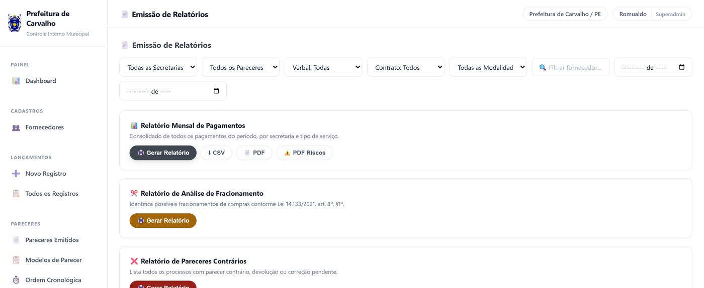 Tela de emissão de relatórios, com os tipos disponíveis e os filtros do recorte.